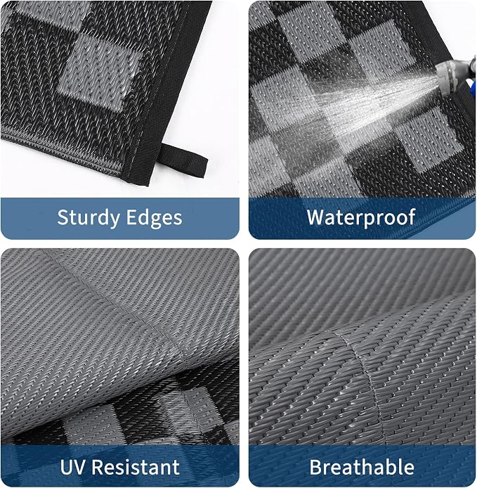 Patio Modern Geometric Border Outdoor Rug 10x14 Waterproof Large Reversible Camping Mat Foldable Lightweight Plastic Straw Outdoor Rug for Deck, Porch, Camper, Balcony, Beach, Rv，Black/Grey