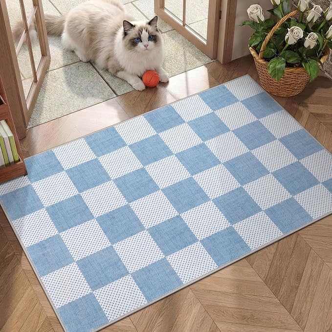 GarveeHome Checkered Blue 2x3 Washable Coastal Rug Low-Pile Small Door Mat | Light Blue Area Rug for Entryway Hallway Kitchen Bathroom Stain Resistant Low-Pile Non-Slip Soft Rugs TPE Backing