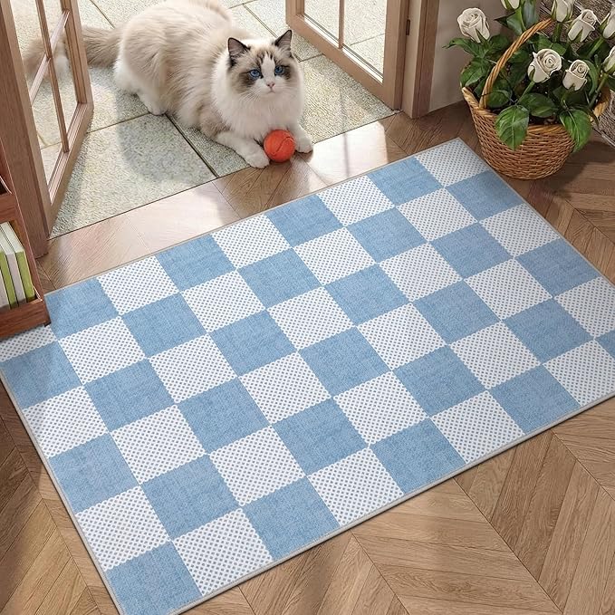GarveeHome Checkered Blue 3x5 Washable Coastal Rug Low-Pile Nursery Bedroom | Light Blue Small Area Rug for Bathroom Entryway Non-Slip Soft Stain Resistant Geometric Rugs TPE Backing