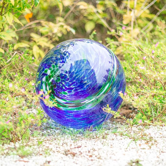 VCUTEKA Gazing Balls, Glass Gazing Ball Garden Globe Outdoor Decor 10" Blue | Handcrafted blue swirl glass gazing balls that creates elegant garden focal point in any outdoor landscape yard decorative