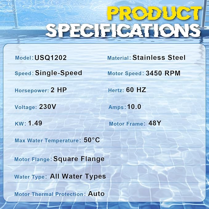 USQ1202 Pool Pump Motor 48Y Frame Fit for A.O. Smith/Century 2HP Motor | Fit for A.O. Smith/Century Pool and Spa Pump Motor, 3450 RPM, 48Y Frame, 230V, 10.4 Amps, Swimming Pool Motor