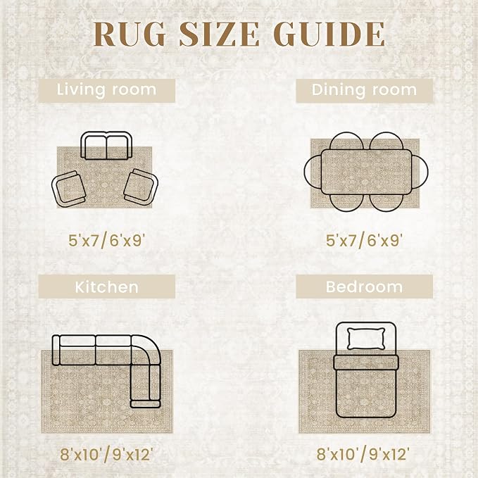 6x9 Area Rugs for Living Room: Washable Vintage Floral Rug Low Pile Non-Slip Boho Carpet for Nursery Bedroom Dining Room (Brown, 6'x9')