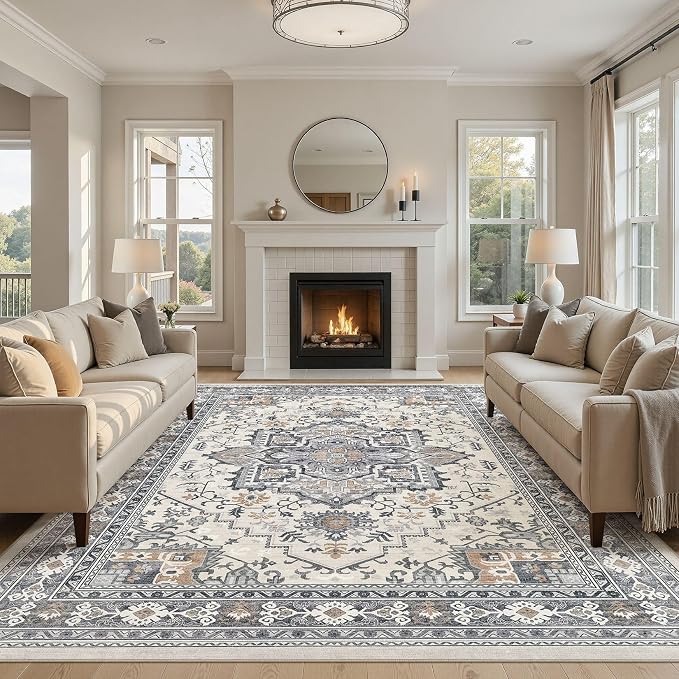 UERMEI 8x10 Area Rug Living Room Rugs - Washable Vintage Soft Large Rug Indoor Floor No Slip Rug Carpet for Bedroom Farmhouse Under Dining Table Home Office Decor - Grey-Orange