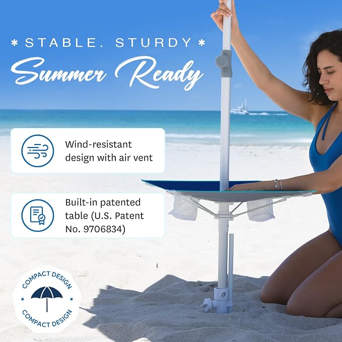 AMMSUN 7ft Heavy Duty High Wind Beach Umbrella with sand anchor, Built-in Table Tray Vent Tilt Pole, UPF 50+ Windproof Portable Outdoor Umbrellas Carry Bag for Patio Garden Pool Backyard Navy