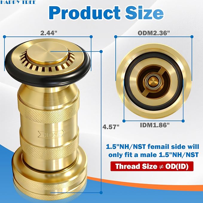 Happy Tree 1-1/2" NST/NH Fire Hose Nozzle 100 psi 85 gpm Brass Fire Equipment Heavy Duty Industrial Jet Fog Spray Nozzle Slim Neck