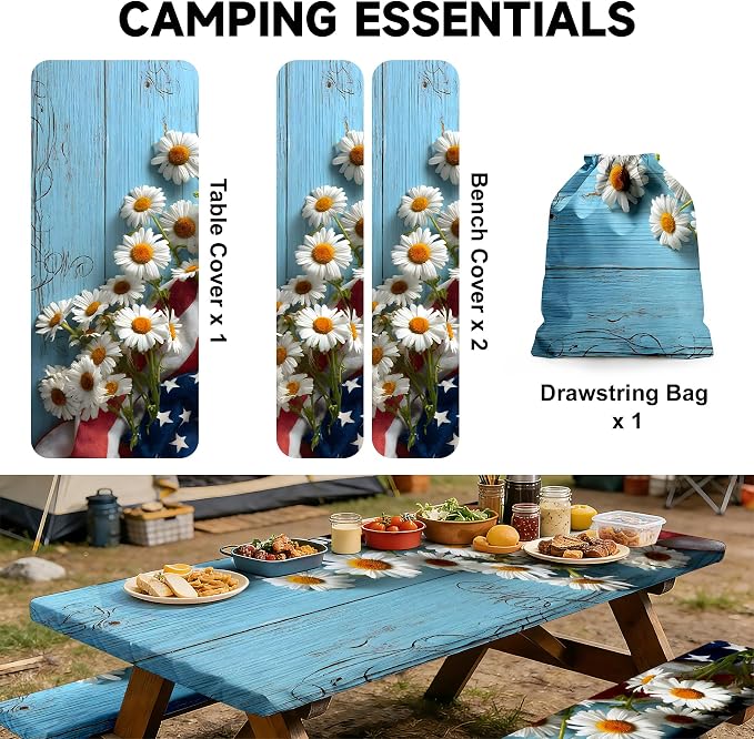 NYZE 3 Pieces Outdoor Picnic Table Cover with Bench Covers Set, Blue Wooden Daisies Camping Tablecloth Bench Covers with Drawstring Bag, Camping Essentials for Outdoor Picnics, Patio, BBQ