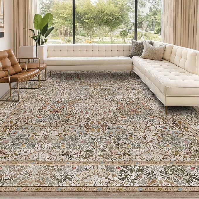 Washable 8x12 Large Living Room Area Rug - Non Pile Floral Design Carpet for Dining Room Under Table, Low Pile Vintage Bedroom Rugs, Forest Stain Resistance (Moss & Brown)