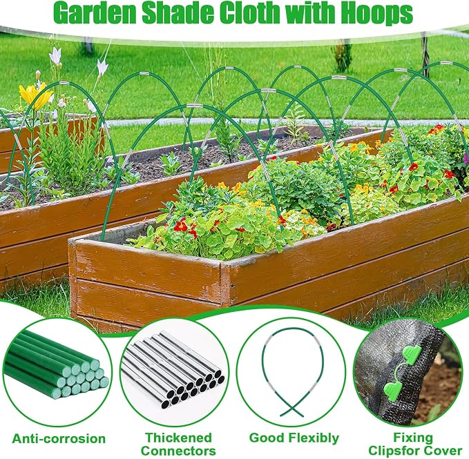 6.5 X 5FT 75% Garden Shade Cloth with Hoops, Plant Shade Cloth Garden Greenhouse Grow Tunnel for Heat Protection, Raised Bed Row Cover Black Netting Tarp for Outdoor Outside Patio Chicken Coops