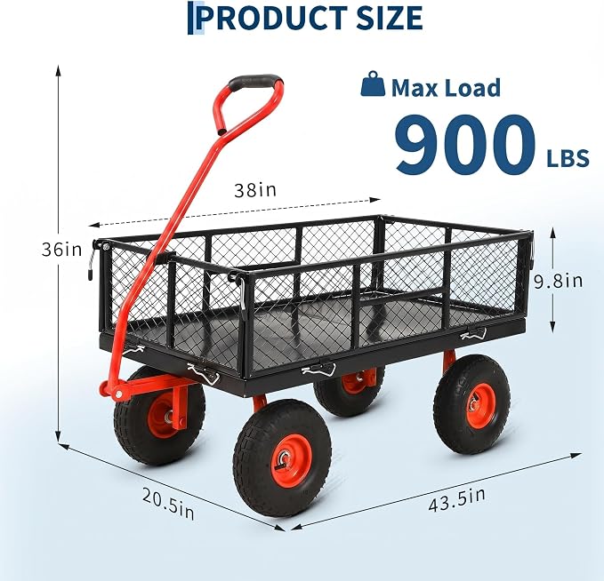 Garvee 900 LB Garden Cart, Heavy Duty Metal Utility Garden Wagon Cart. Red | 13 in All Terrain Tires, 4-in-1 Yard Wagon Cart with Removable Side Panels for Outdoor Lawn, Yard, Backyard