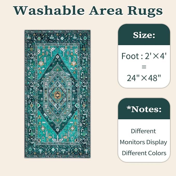 SERISSA 2x4 Washable Non Slip Boho Runner Rug for Entryway，Teal | Ultra Soft Vintage Oriental Carpet Low-Pile Tribal Entrance Carpet for Kitchen Bedroom Hallway Laundry Room Bathroom