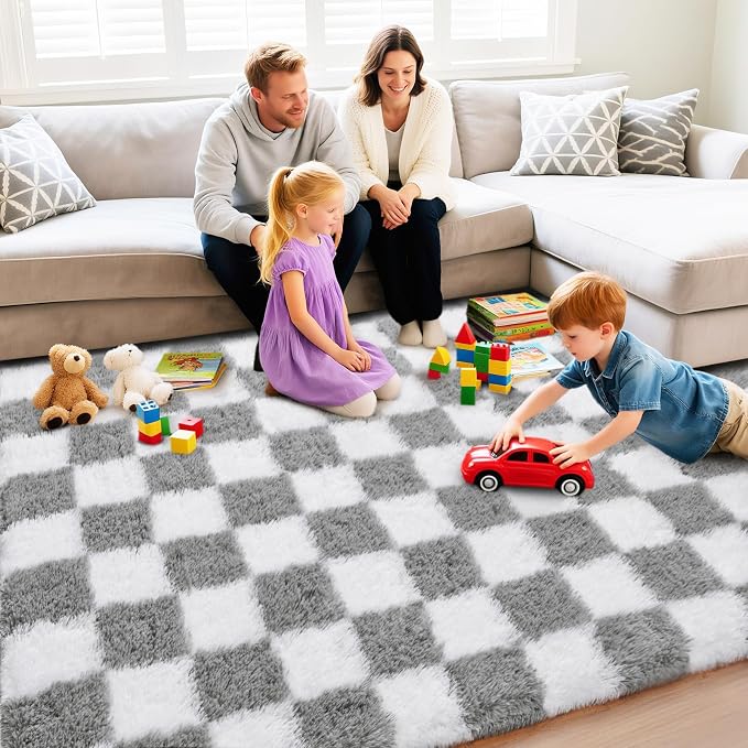 Checkered Rug 9x12 for Living Room, Ultra Fluffy Fuzzy Shag Large Area Rug for Bedroom, Modern Plush Soft Upgrade Non-Slip Carpet for Kids Girls and Boys Room Dorm Home Decor, White and Grey