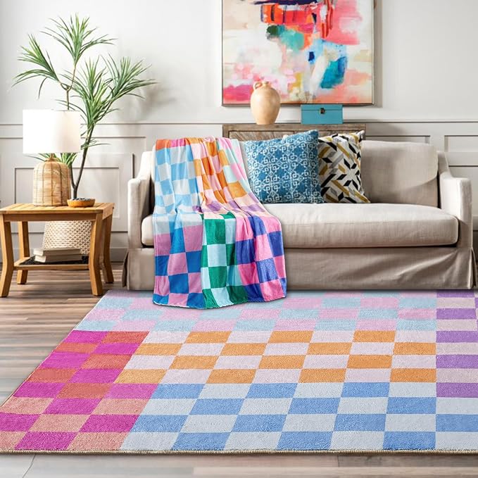 Multicolored Checkerboard Washable Rug 5x7 Ultra Thin Retro Funky Aesthetic Cute Area Rugs for Living Dining Room Bedroom Kitchen Office Entryway Dorm, Colorful Checkered Modern Geometric Carpet