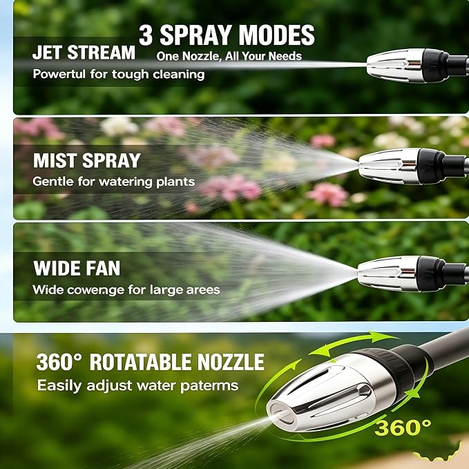 High Pressure Water Washer Jet, Garden Hose Nozzle with 360 ° Rotating Spray, Multi Function Garden Watering Sprayer, 3/4 Inch Connector with 4 Sealing Rings for Yard, Car and Pet Cleaning
