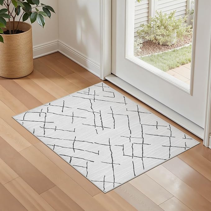 kakania Washable 2x3 Area Rug for Entryway: Boho Geometry Home Decor Rug | Soft Stain Resistant, Low-Pile, Non-Slip, Pet & Kid Friendly, Thin Carpet for Hallway/Kitchen/Bathroom - Light Grey