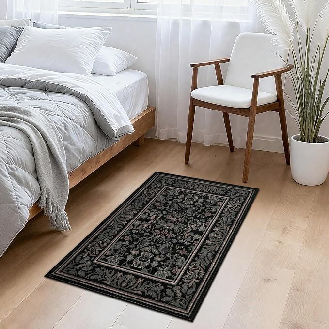 GarveeHome Small Area Rugs 2x3 Non Slip Washable Entryway Rug, Black | Boho Vintage Front Door Mat Soft Low-Pile Stain Resistant Indoor Throw Carpet for Kitchen Bathroom Bedroom Decor