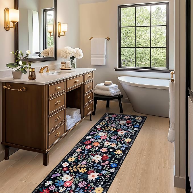PLHXFR 2x6 Washable Runner Rug：Floral Indoor Kitchen Soft Carpet Black | For Hallway Bedroom Kitchen Laundry Bathroom Dorm,Vintage Floral,Machine washable,Non Slip,Stain Resistant,Indoor Floor