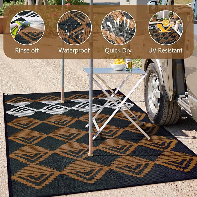 Lahome Outdoor Rugs 8x10 Waterproof, Reversible Plastic Large Outdoor Rug for Patios, Outside RV Mat Carpet for Patio Deck Porch Backyard Balcony Picnic Trailer (Black/Brown, 8' x 10')