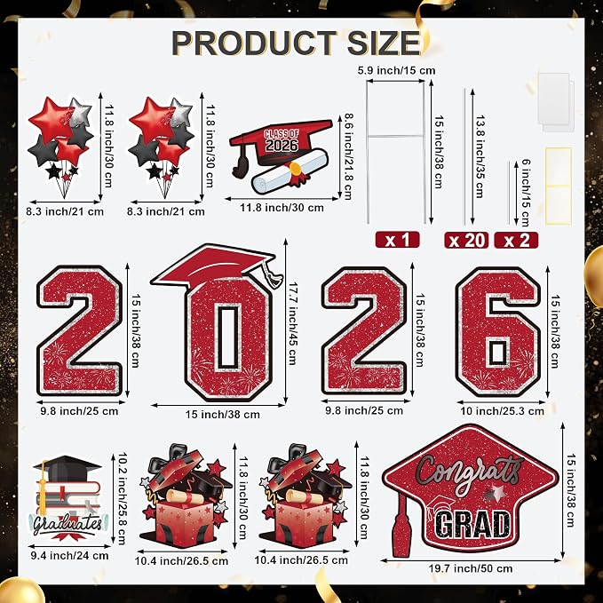 Large 11 PCS Graduation Yard Signs, Class of 2026 Congrats Grad Outdoor Lawn Yard Sign with Stakes, Graduate Yard Decorations for College High School Party, Black and Red