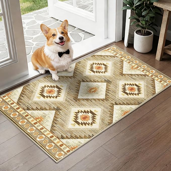Area Rug 2x3 Rug Machine Washable Non-Slip Low Pile Print Pattern Western Rug for Living Room Bedroom Entryway Tribal Series -Cream/Camel | Western No Slip Low Pile Print Foldable Indoor Small Rug for Kitchen entryway doormat