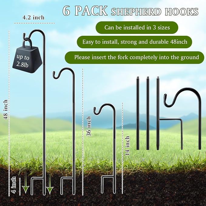 6 Pcs 48 Inch Shepherds Hook for Outdoor Adjustable Bird Feeder Pole Metal Steel Shepard Hooks for Hummingbird Stand Feeder Pole for Garden Plant, Lantern, Hanging Wedding Decor