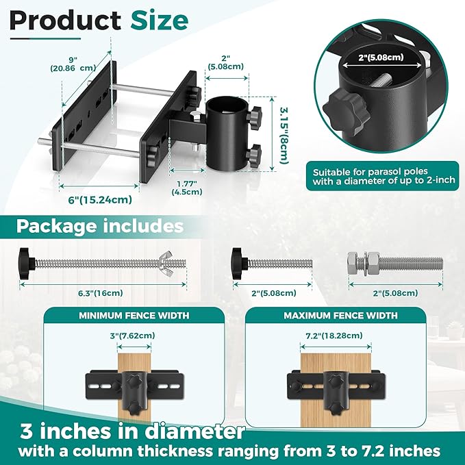 Patio Umbrella Holder for Deck Railing,Adjustable Patio Fence Umbrella Clamp,Outdoor Metal Deck Umbrella Mount,Deck Umbrella Base and Stand for Outdoor Courtyard, Balcony, Boats