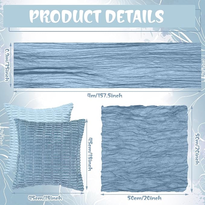 Beeveer 14 Pack Picnic Kit 91x71 Inch Extra Large Outdoor Boho Picnic Blanket with Gray Blue Table Runner, 6 Throw Pillow Cover 6 Napkin Woven Cotton Yarn Washable Beach Blanket for Camp Wedding Decor
