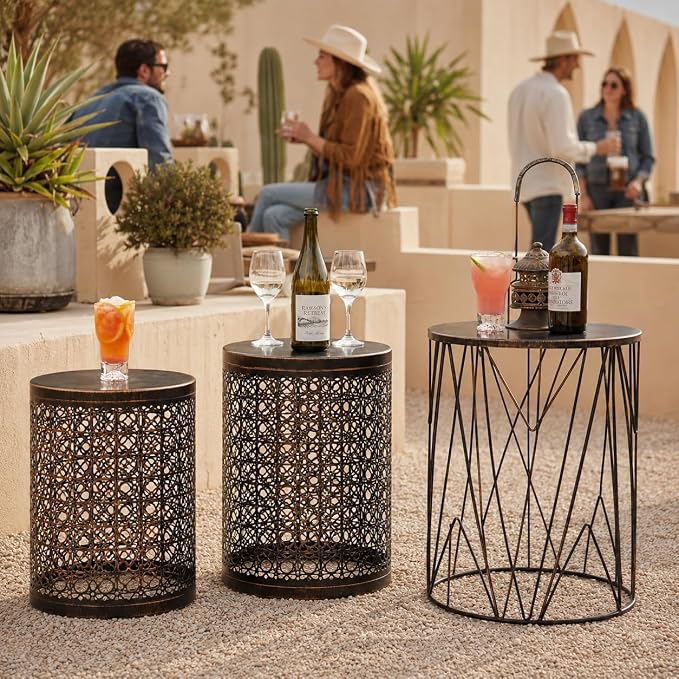 Y&M Set of 3 Stacking Coffee Table Side Table, for Living Room,Indoor End Tables for Bedroom, Outdoor Decorative Garden Stool with Heavy Duty Metal Frame Modern Industrial Decor - Black with Bronze