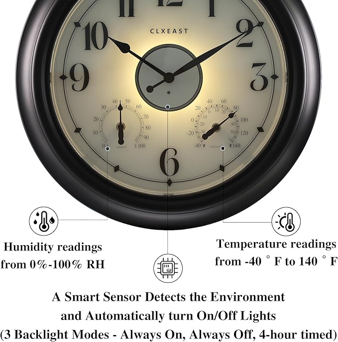 CLXEAST Illuminated Indoor Outdoor Clocks Waterproof 18 inch with Smart Night Light Sensor,Large Wall Clock with Thermometer & Hygrometer,Oil Rubbed Bronze Black