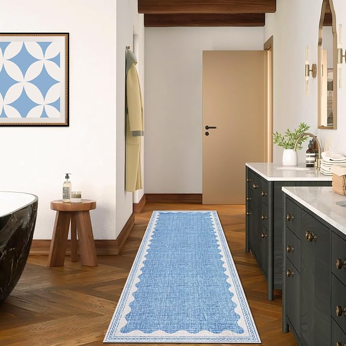 GarveeHome 2x10 Runner Rug for Hallway Washable Kitchen Rugs Non Slip Solid Blue Modern Minimalism Soft Low-Pile Scalloped Indoor Carpet for Entryway Laundry Room Floor Mats