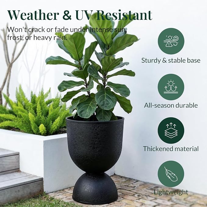 KOL Planters Flower Pots, Plastic Urn Planters for Indoor Outdoor Plants, Black Pedestal Planter Pots 2 Pack, 18 Inch Tall Decorative Planters with Drainage Holes & Plugs for Front Porch Patio Garden