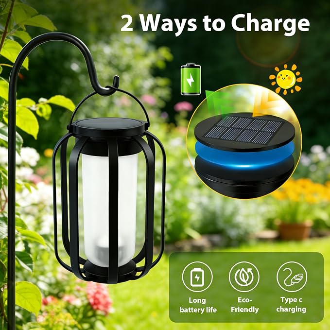 Solar Lanterns Outdoor Lights, 2 Pack Waterproof Flickering Flame Hanging Lights, Solar & USB Dual Charging, 2 Modes, Solar Pathway Lights for Yard, Garden, Patio, Tabletop, Holiday Decor