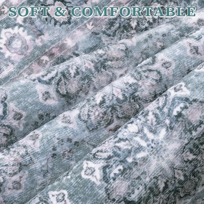 SERISSA 5x7 Washable Non Slip Floral Boho Area Rug for Living Room | Ultra Soft Vintage Floral Carpet Low-Pile Blue Grey Indoor Mat Throw Rug for Bedroom Dining Room Dorm Office Home Decor