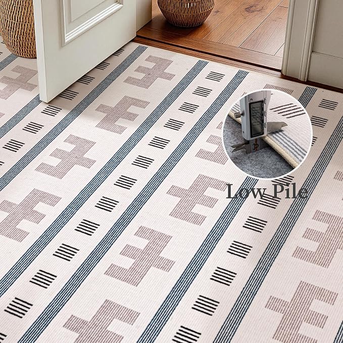 5x7 Washable Area Rug for Living Room, Boho Southwestern, Cream Beige | Tribal Geometric Pattern, Neutral Low Pile Non Slip Rug for Bedroom Dining Room Office, Soft Faux Wool
