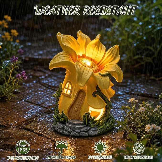 Fairy Garden House with Solar Light,Outdoor Figurine Lights Garden Statues,Yard Decorations Outdoor Fairy Garden Accessories,Decor Gifts for Mom Women (Sunflower)