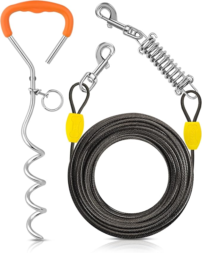 Petbobi Dog Tie-Out Cable and Stake - 50ft Heavy Duty Cable with Spring, No Tangle, 16in Ground Stake, Ideal for Outdoor Yard, Camping, Suitable for Small Medium Large Dogs Up to 120 lbs, Black