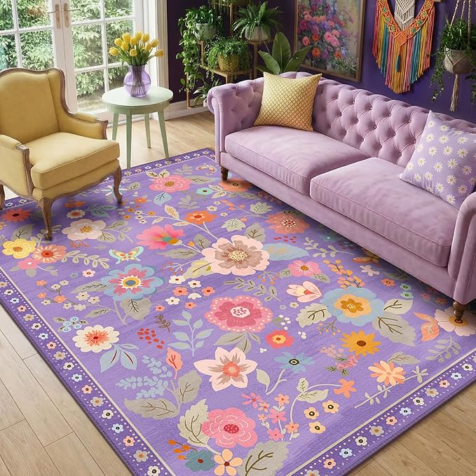 RELEANY Floral Washable 5x7 Area Rugs Purple/Pink | Flower Carpet, Print, Boho, Non-Slip, Easy to Clean, Soft, Low Pile for Living Room Bedroom Kitchen Office Entryway Hallway