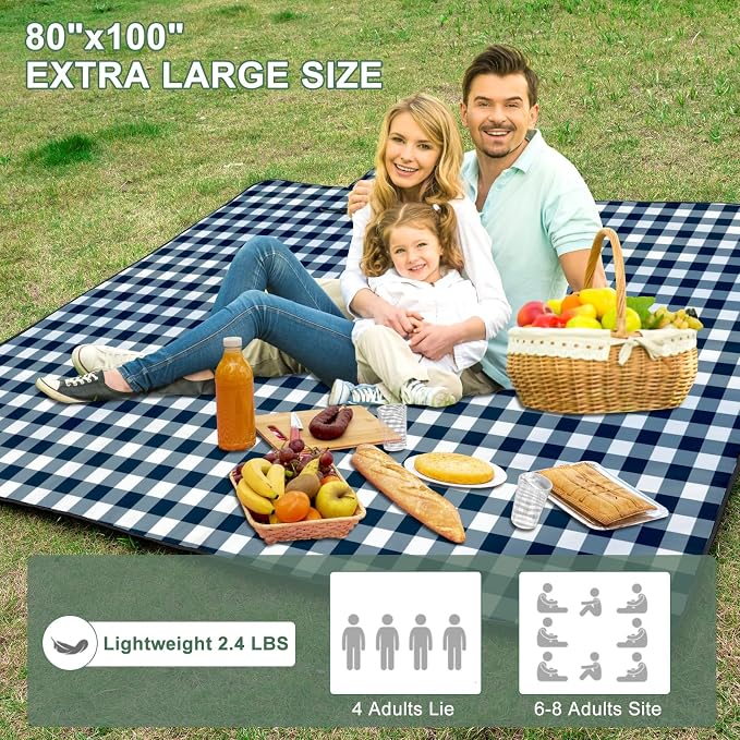 ZUBOND Extra Large Picnic Blanket Outdoor Picnic Mat Waterproof Foldable 80''x100'', Beach Blanket Sandproof for LawnPark, Grass, Travel, Hiking, Camping Essentials, Vintage Gingham Picnic Blanket