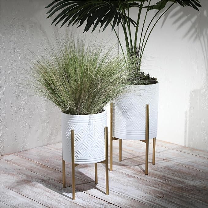 Decorative Flower Pots with Metal Stand for Home Decor - Modern Planters for Hallway, Entryway, and Living Room Decor - Indoor and Outdoor Pots for Plants - Set of 2, 23", 19", White & Gold