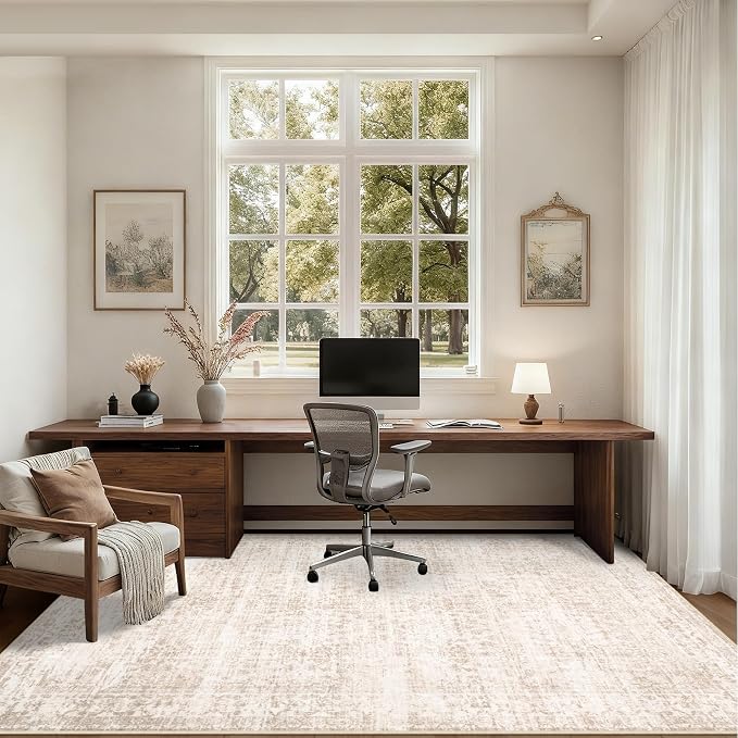 6x9 Area Rugs Living Room: Washable Rug for Bedroom Beige Brown | Boho No Slip Stain Resistant Rug Soft Indoor Decor Floor Floral 6x9 Area Rugs for Dining Room, Nursery, Hallway, Home Office