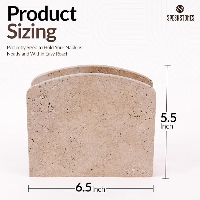 Marble Napkin Holder 6.5 Inch Handmade Travertine Napkin Holder for Table - Stone Paper Napkins Organizer for Kitchen Countertop & Bathroom Decor