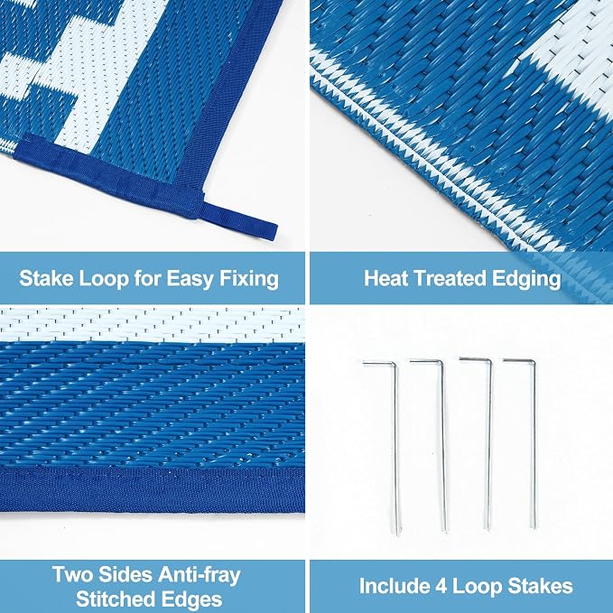 Anidaroel Camping Rug for Outside RV, 8x10 Waterproof Outdoor Rug for Patio Clearance, Reversible Plastic Straw Outside Area Rug for Deck, Camper, Backyard, Picnic(Blue&Green, 8‘x10')