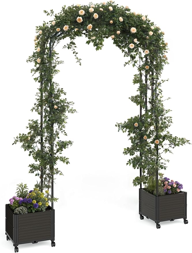 47 in Tall Garden Arch Trellis for Climbing Plants – Metal Wedding Arch with Planter Box, Flower Frame Backdrop Stand – Rustproof Arbor for Wedding, Party, Balloon Decor & Outdoor Plant Support