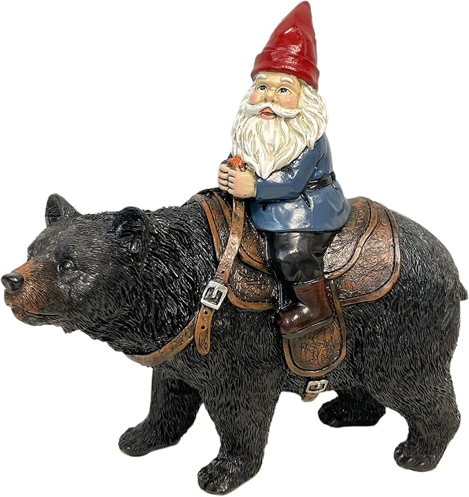 BestGiftEver Outdoor Statue Gnome Riding Bear Design in Resin | Funny, Garden Yard Patio Flowerbed Lawn Decoration, Figurine