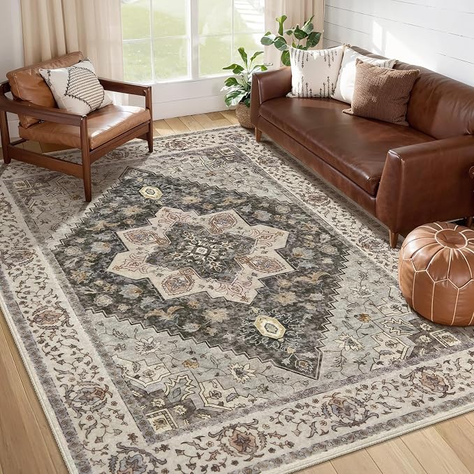 Tangsoo Farmhouse 6x9 Washable Area Rugs for Living Room, Non Slip Rug | Vintage Indoor Large Area Rugs, Boho Print Carpet, Oriental Soft Low Pile Foldable Floor Rugs for Bedroom Dining Room Grey