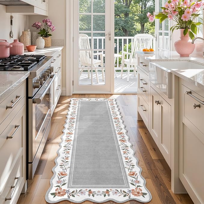 Lahome Grey Scalloped Washable Runner Rug 2x6 for Hallway | Non Slip Backing, Low Pile Soft Boho Floral Runner for Kitchen, Entryway, Laundry, Bedroom, Ariele