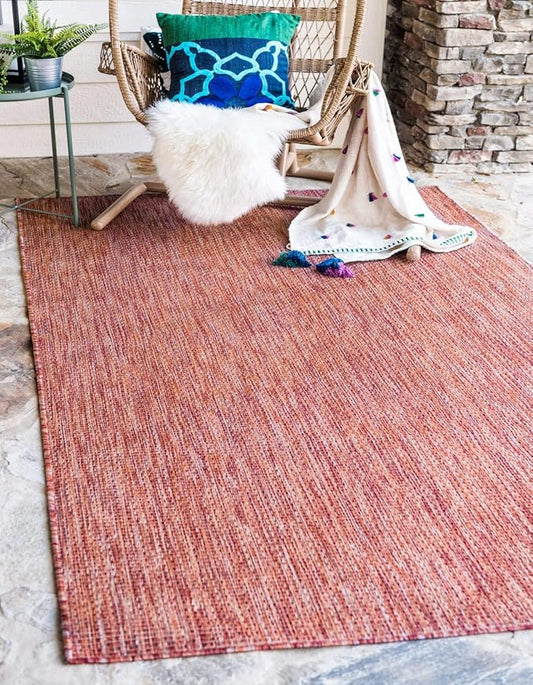 Unique Loom Collection Casual Transitional Solid Heathered Indoor/Outdoor Flatweave Area Rug (6' 1" x 9' Rectangle, Rust Red/Beige)