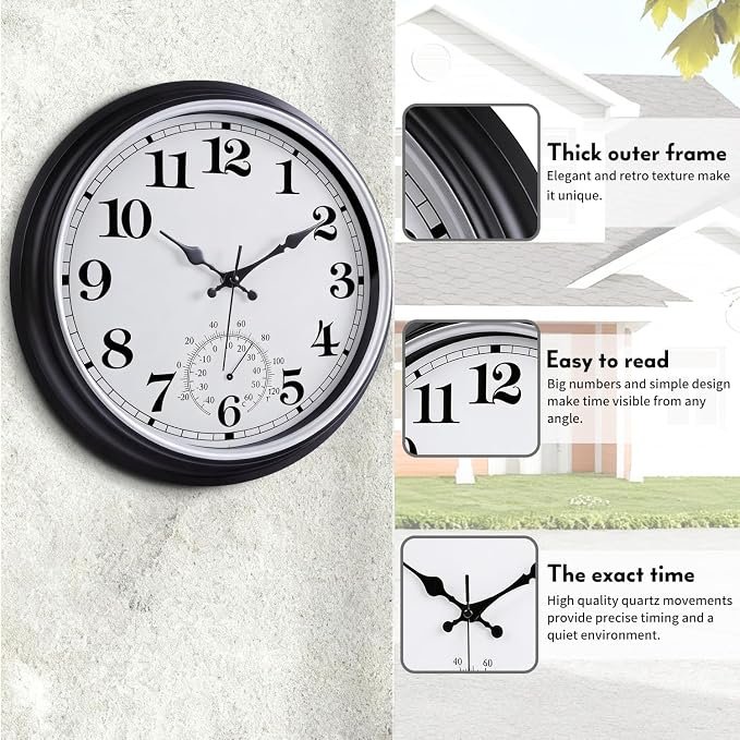 16 Inch Large Outdoor Clock Retro Waterproof Clock Non-Ticking Indoor/Outdoor Wall Clock with Thermometer, Battery Operated for Pool, Patio, Garden, Black