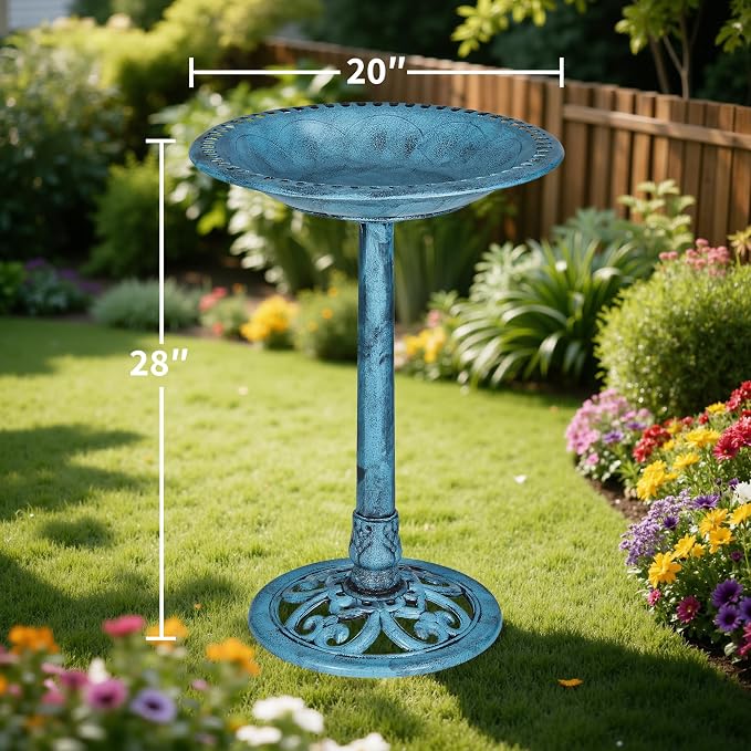 VECELO 28" Pedestal Outdoor Bird Bath for Outside, Vintage Bronze Polyresin Lightweight Antique, Yard/Garden Decoration, Blue