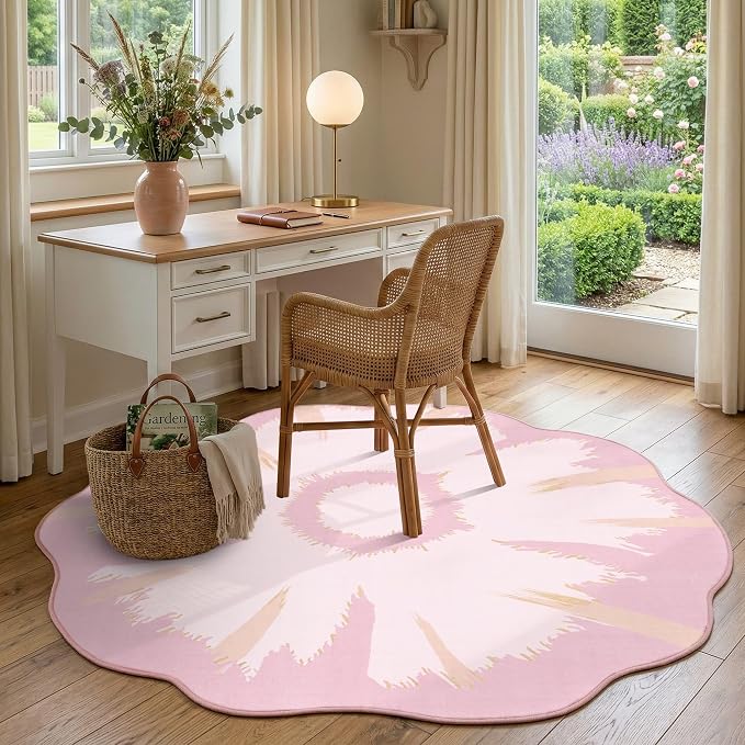Latte&Fog 6ft Pink Round Area Rug for Girl Bedroom Washable Cute Circle Rug | Non Slip Low Pile Soft Floral Indoor Carpet for Living Room Kids Playroom Nursery Classroom Dorm Decor Dining Kitchen Office