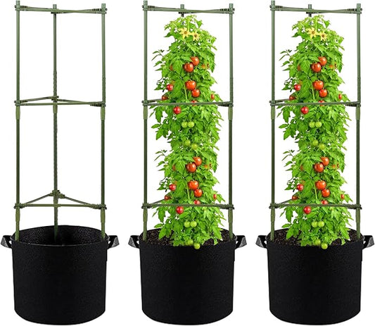 GENMOUS Tomato Cages with Grow Bags - 48 Inch Tomato Trellis for Raised Garden Bed, 3-Pack Tomato Plant Support, with 10 Gallon Plant Grow Bags, Reusable and Height Adjustable